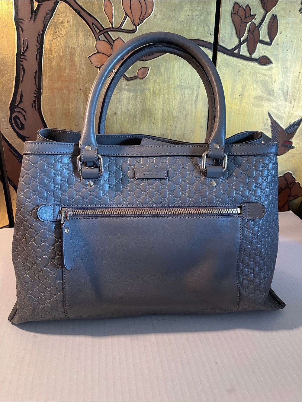 Gucci Gray Embossed Leather Satchel 2 way bag